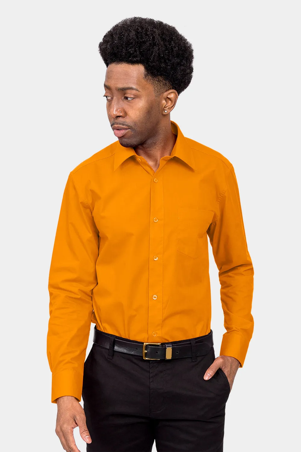 Men's Basic Solid Color Button Up Dress Shirt (Orange)