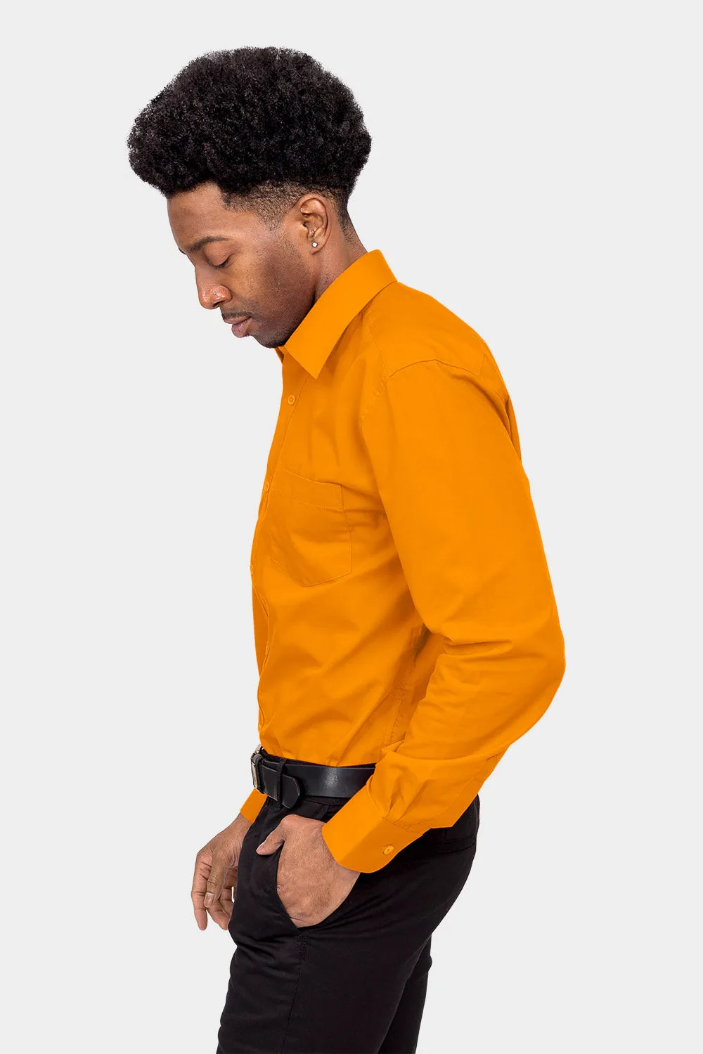 Men's Basic Solid Color Button Up Dress Shirt (Orange)