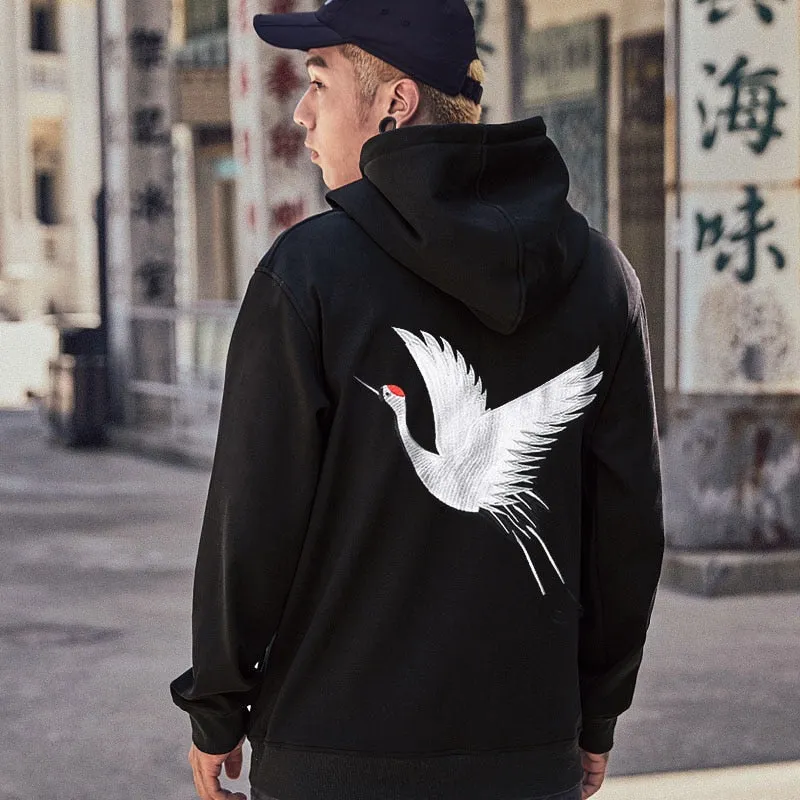 Men's Embroidery Japanese Crane Hoodies