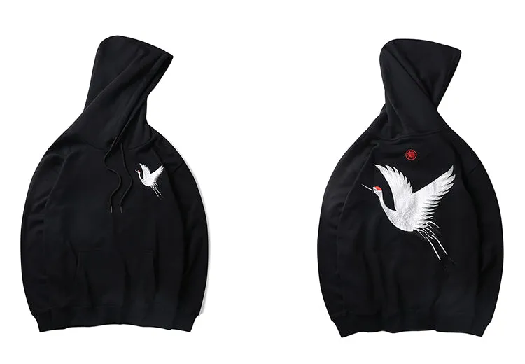 Men's Embroidery Japanese Crane Hoodies