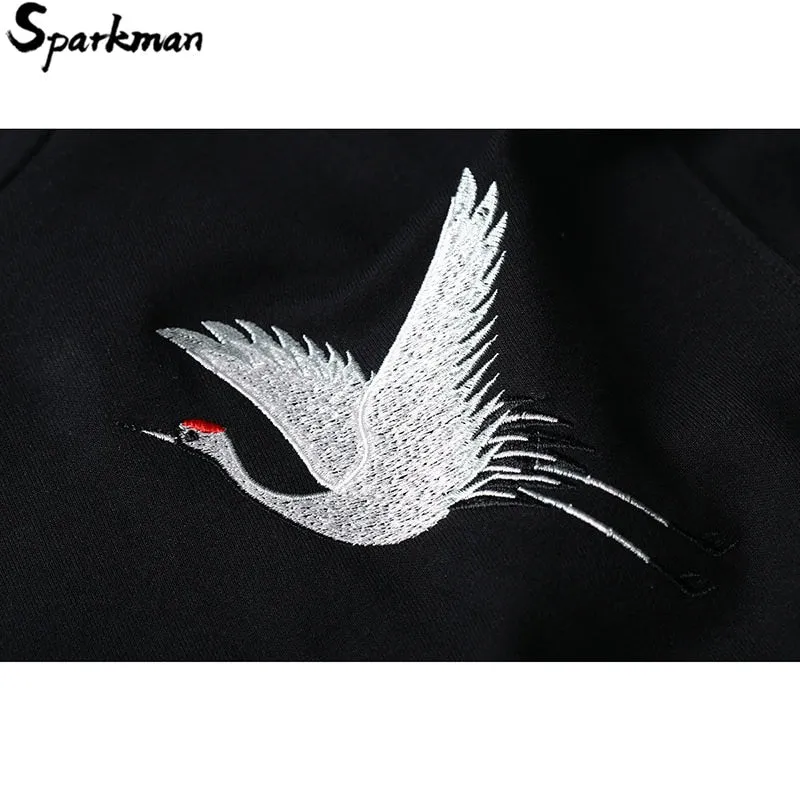 Men's Embroidery Japanese Crane Hoodies