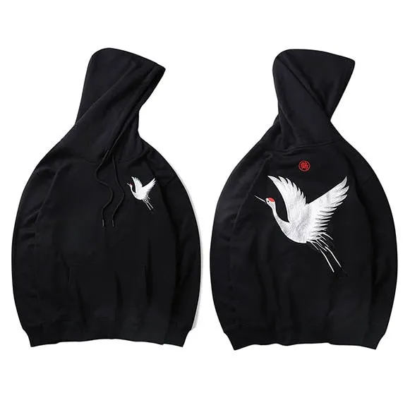 Men's Embroidery Japanese Crane Hoodies