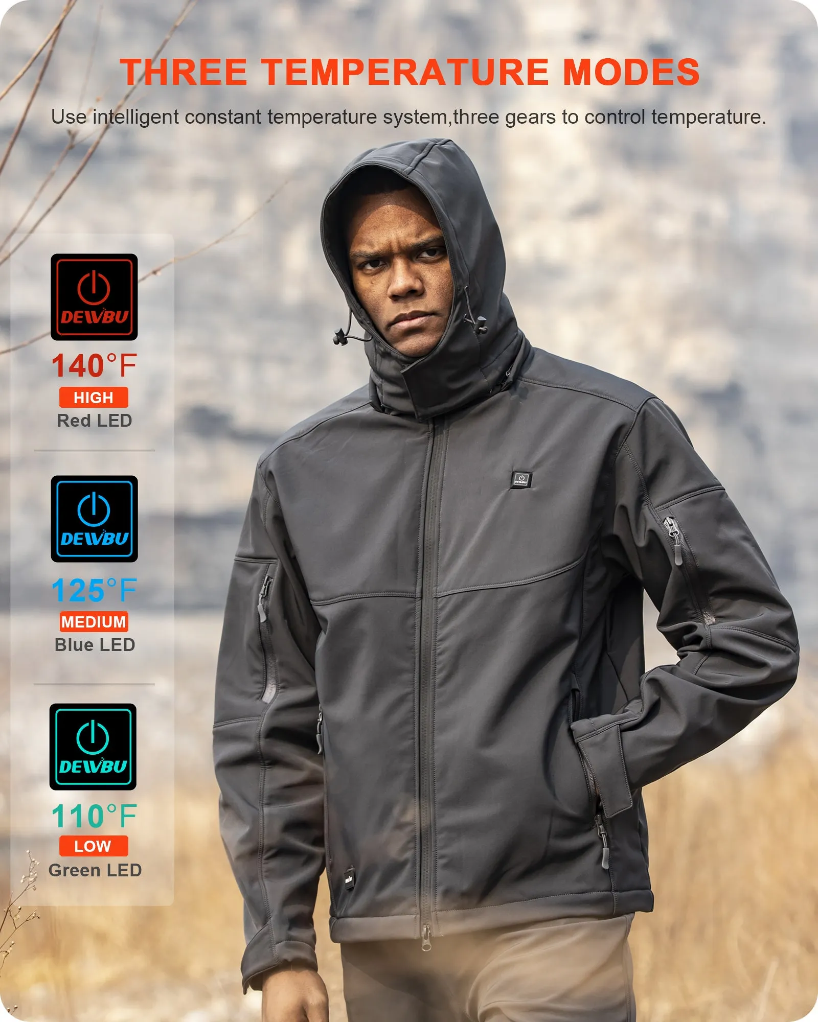 Men's Heated Jacket Detachable Hood With 12V Battery Pack - Grey