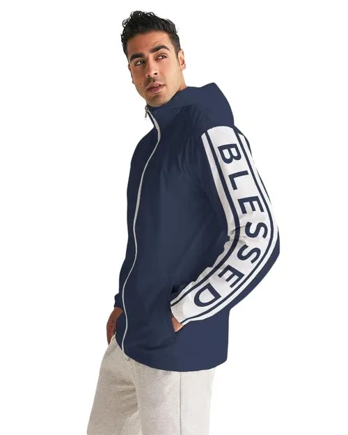 Mens Hooded Windbreaker - Blessed Sleeve Stripe Blue Water Resistant