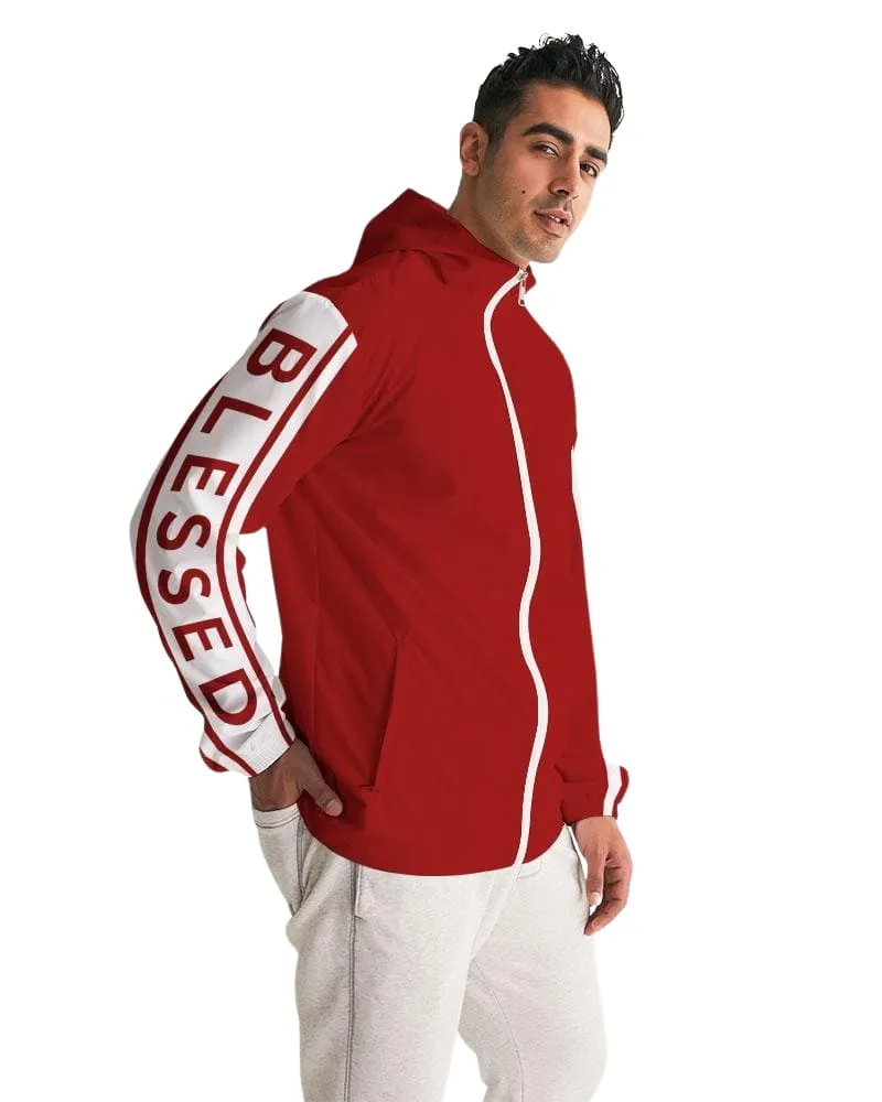 Mens Hooded Windbreaker - Blessed Sleeve Stripe Red Water Resistant