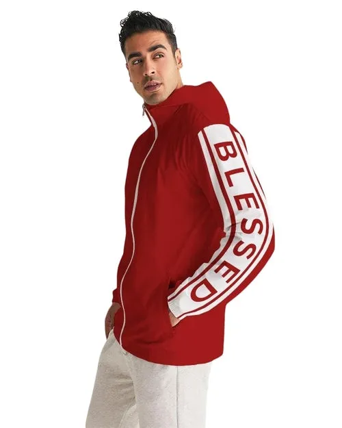 Mens Hooded Windbreaker - Blessed Sleeve Stripe Red Water Resistant