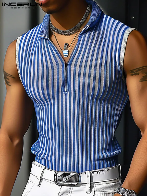 Mens  Solid Color Striped Collared Tank SKUK72480