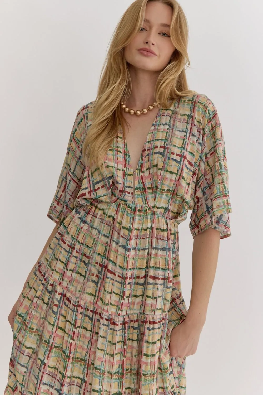 Multi-Color Plaid Print Deep V-Neck Midi Dress