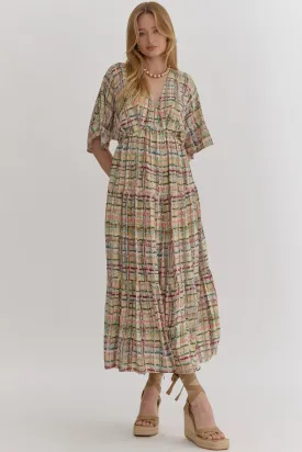 Multi-Color Plaid Print Deep V-Neck Midi Dress