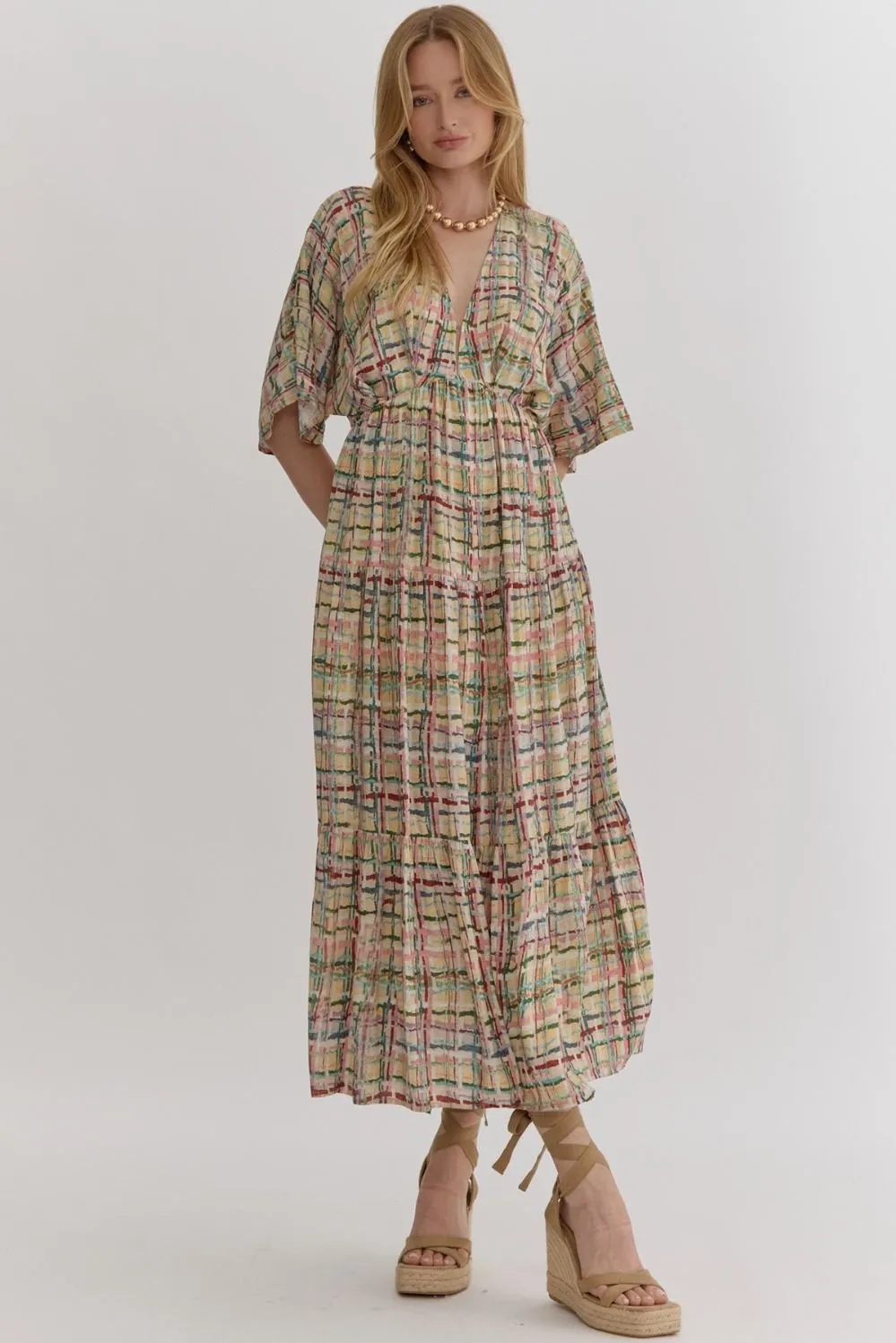 Multi-Color Plaid Print Deep V-Neck Midi Dress