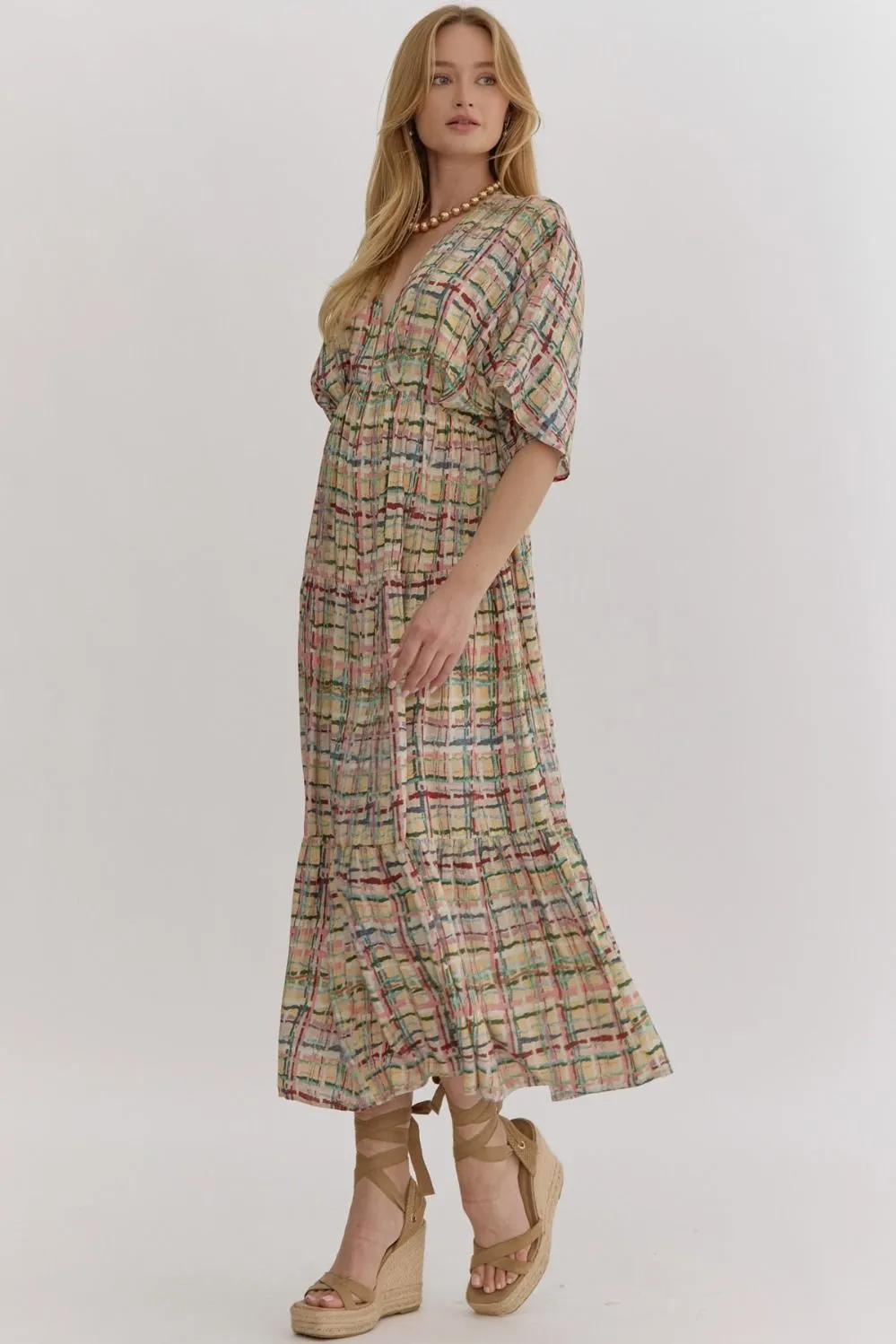 Multi-Color Plaid Print Deep V-Neck Midi Dress