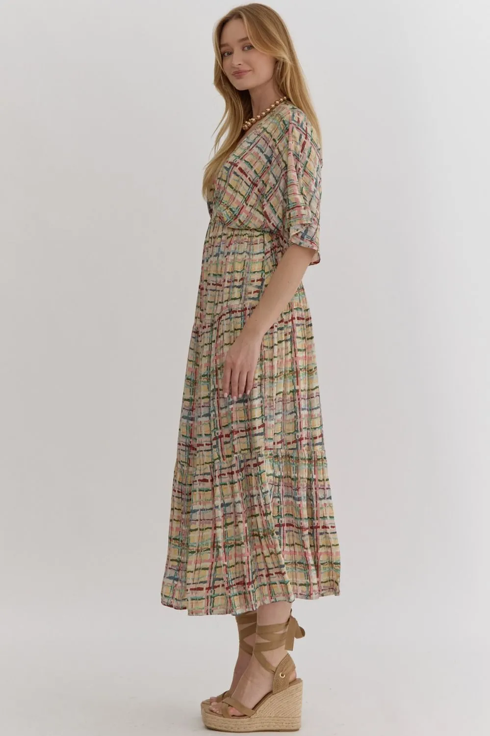 Multi-Color Plaid Print Deep V-Neck Midi Dress