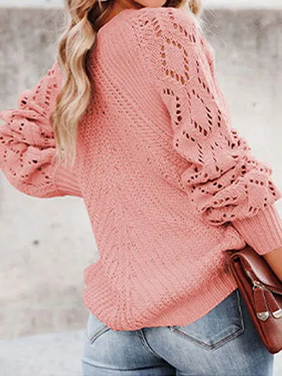 Openwork Round Neck Lantern Sleeve Sweater