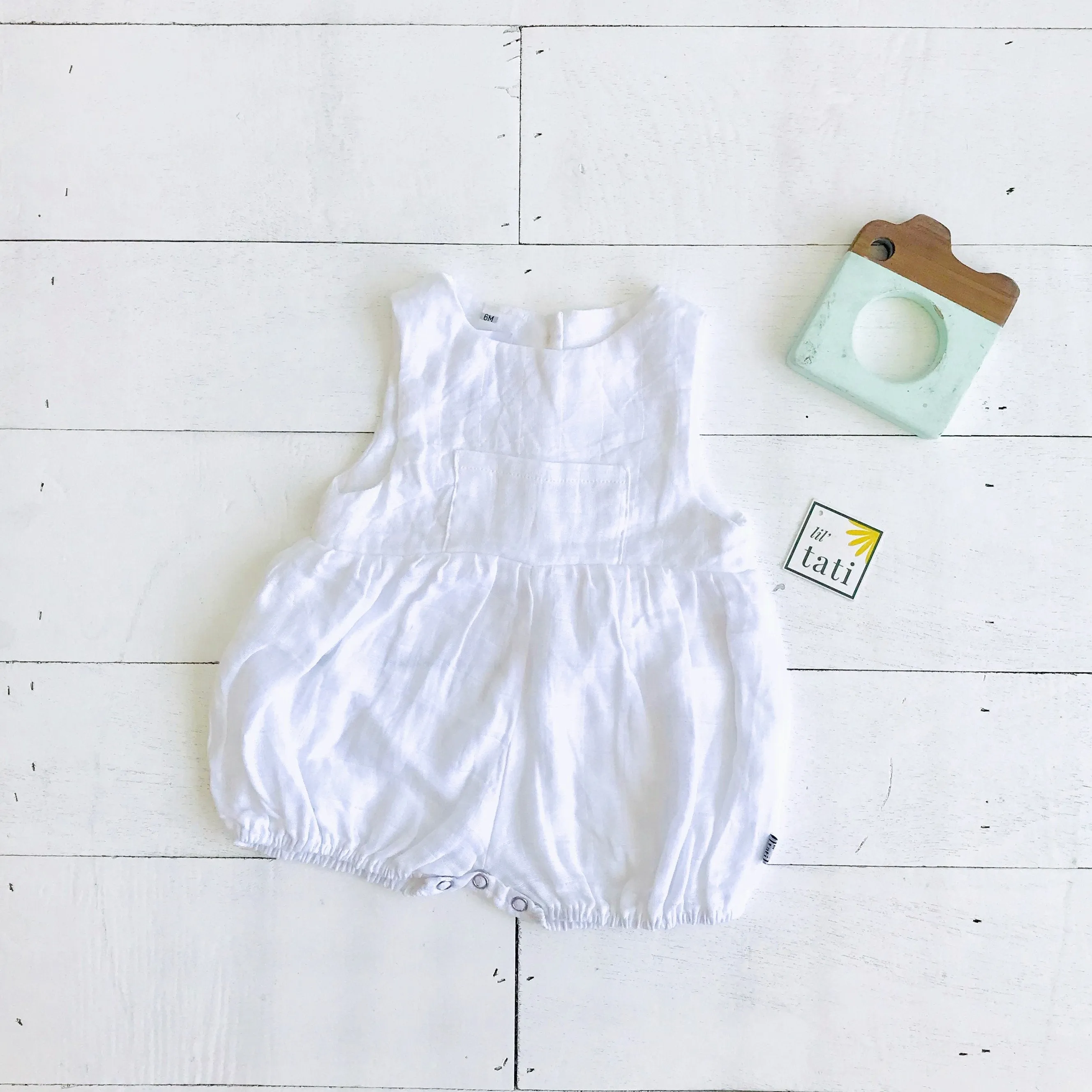 Orchid Playsuit with Front Pocket in Organic Muslin - White