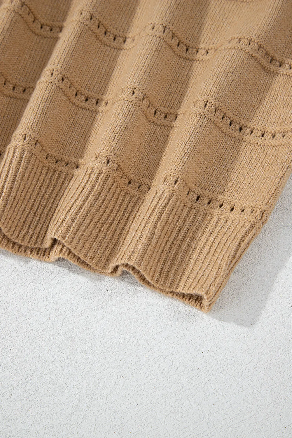 Pale Khaki Boat Neck Drop Shoulder Pointelle Knit Sweater