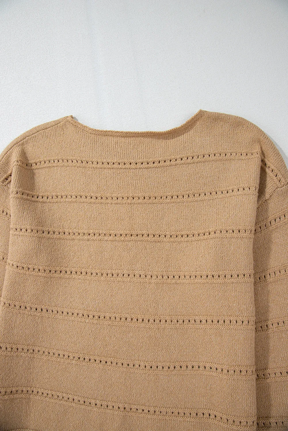 Pale Khaki Boat Neck Drop Shoulder Pointelle Knit Sweater