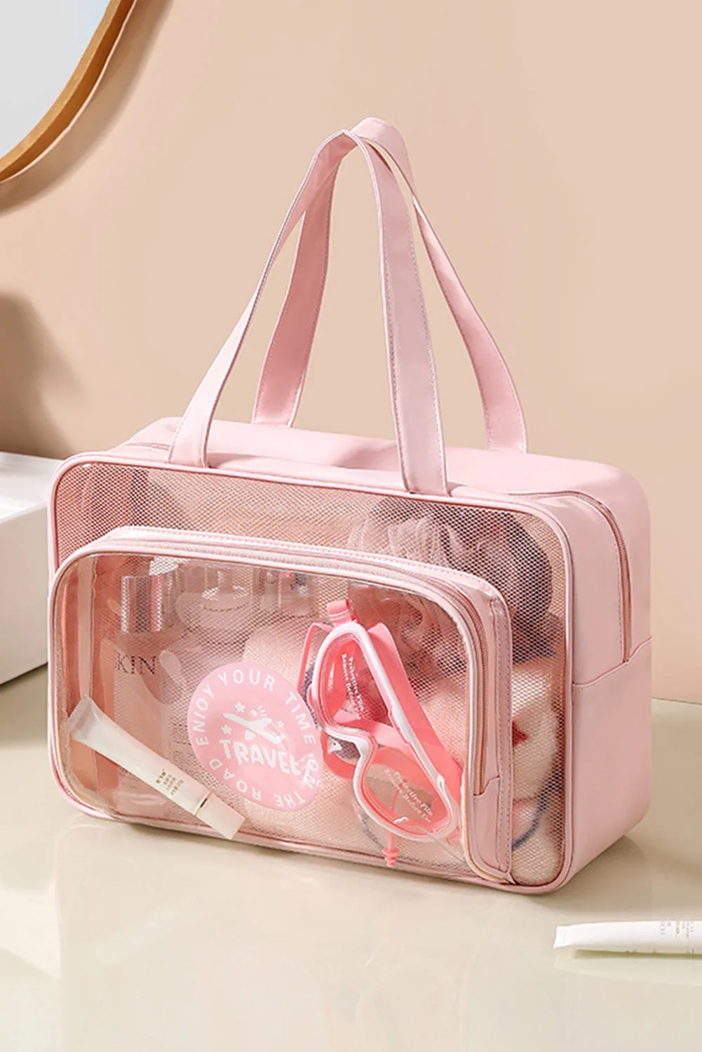 Pink Waterproof Multi Pockets Transparent Travel Makeup Bag