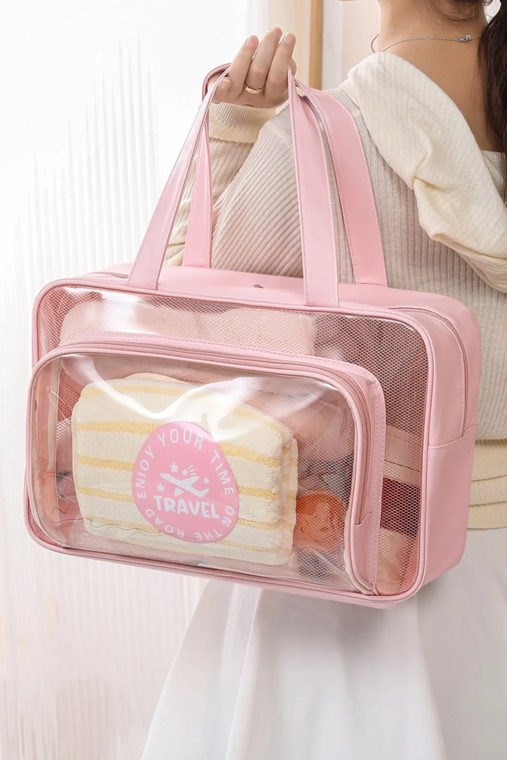 Pink Waterproof Multi Pockets Transparent Travel Makeup Bag