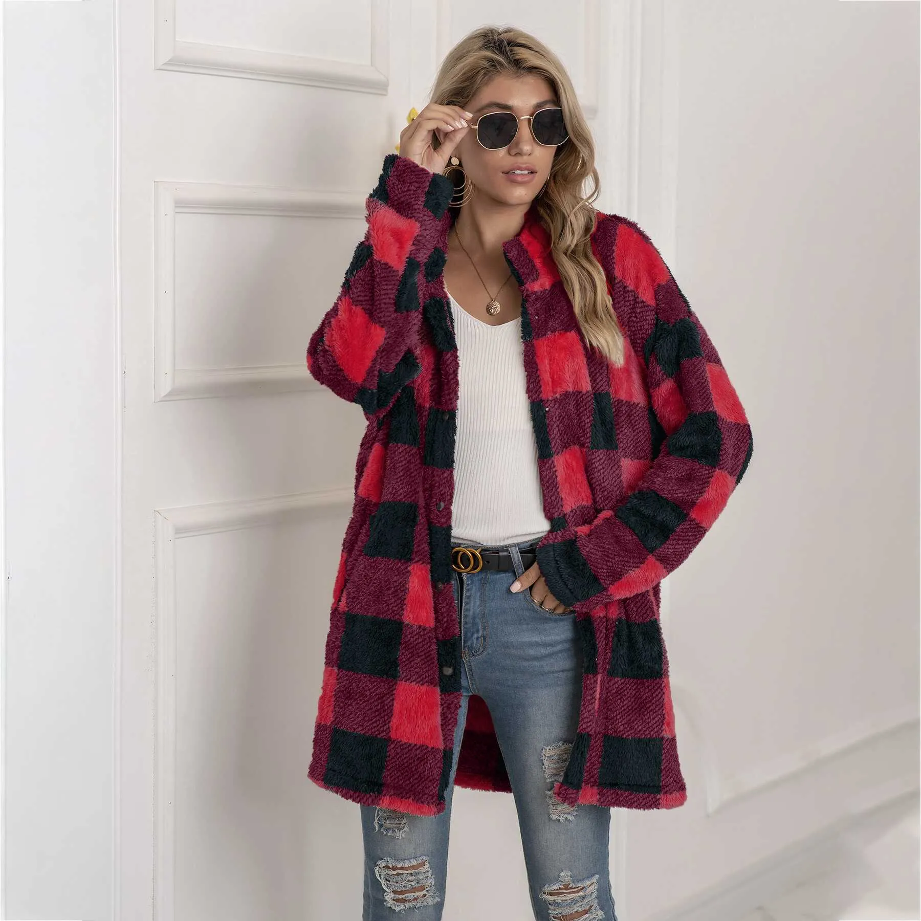 Plaid Woolen Button Trench