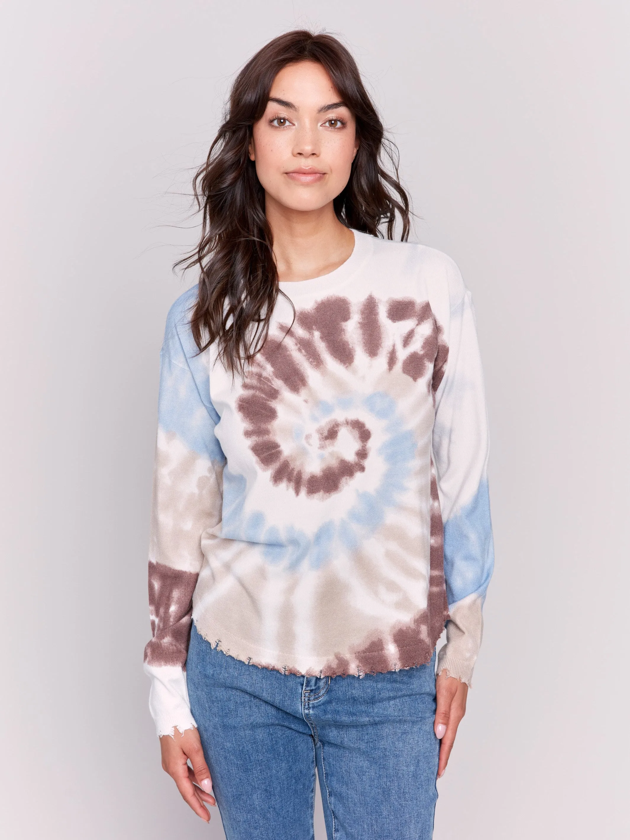 Printed Frayed Edge Round Hem Sweater - Frost