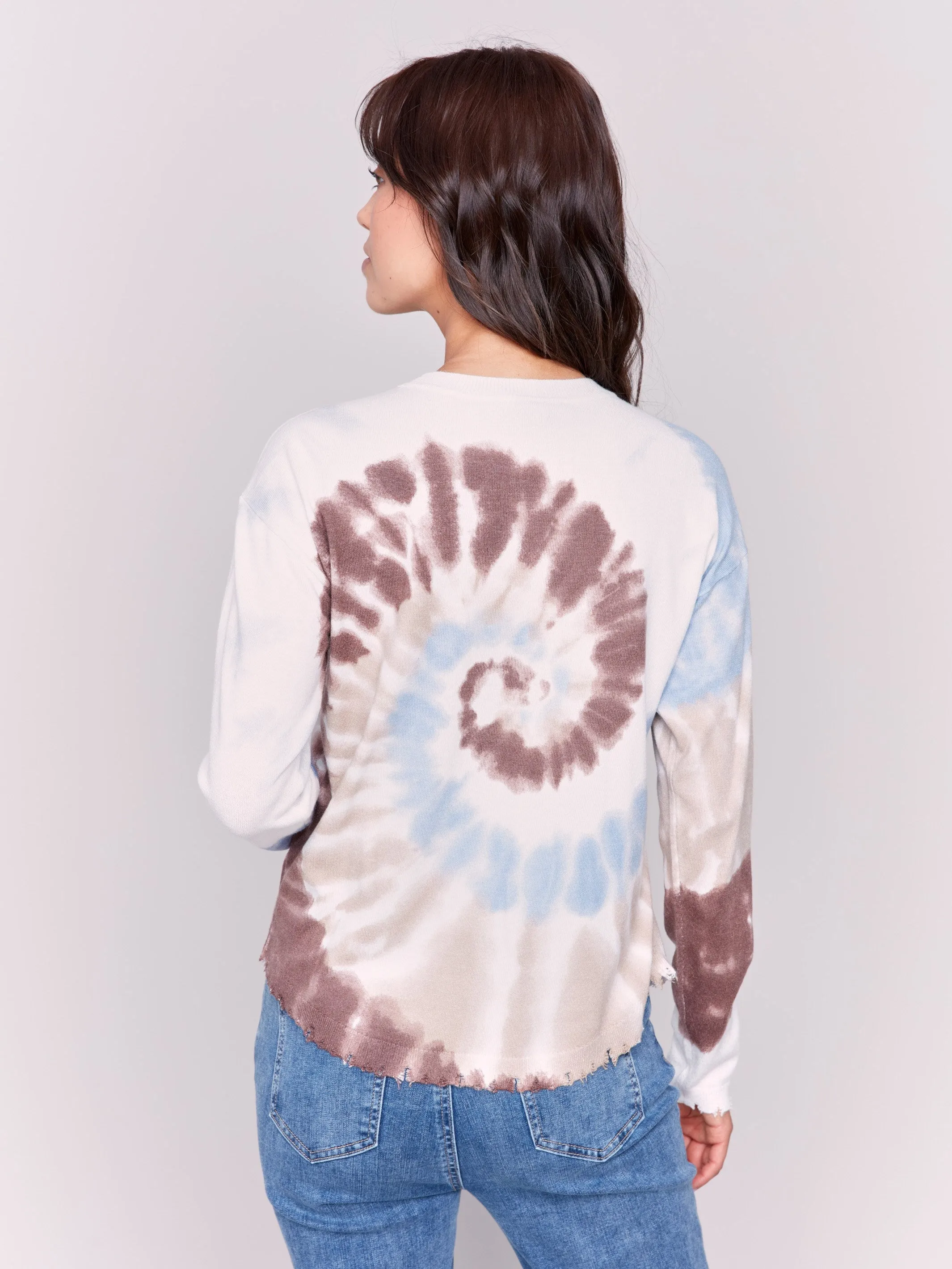 Printed Frayed Edge Round Hem Sweater - Frost