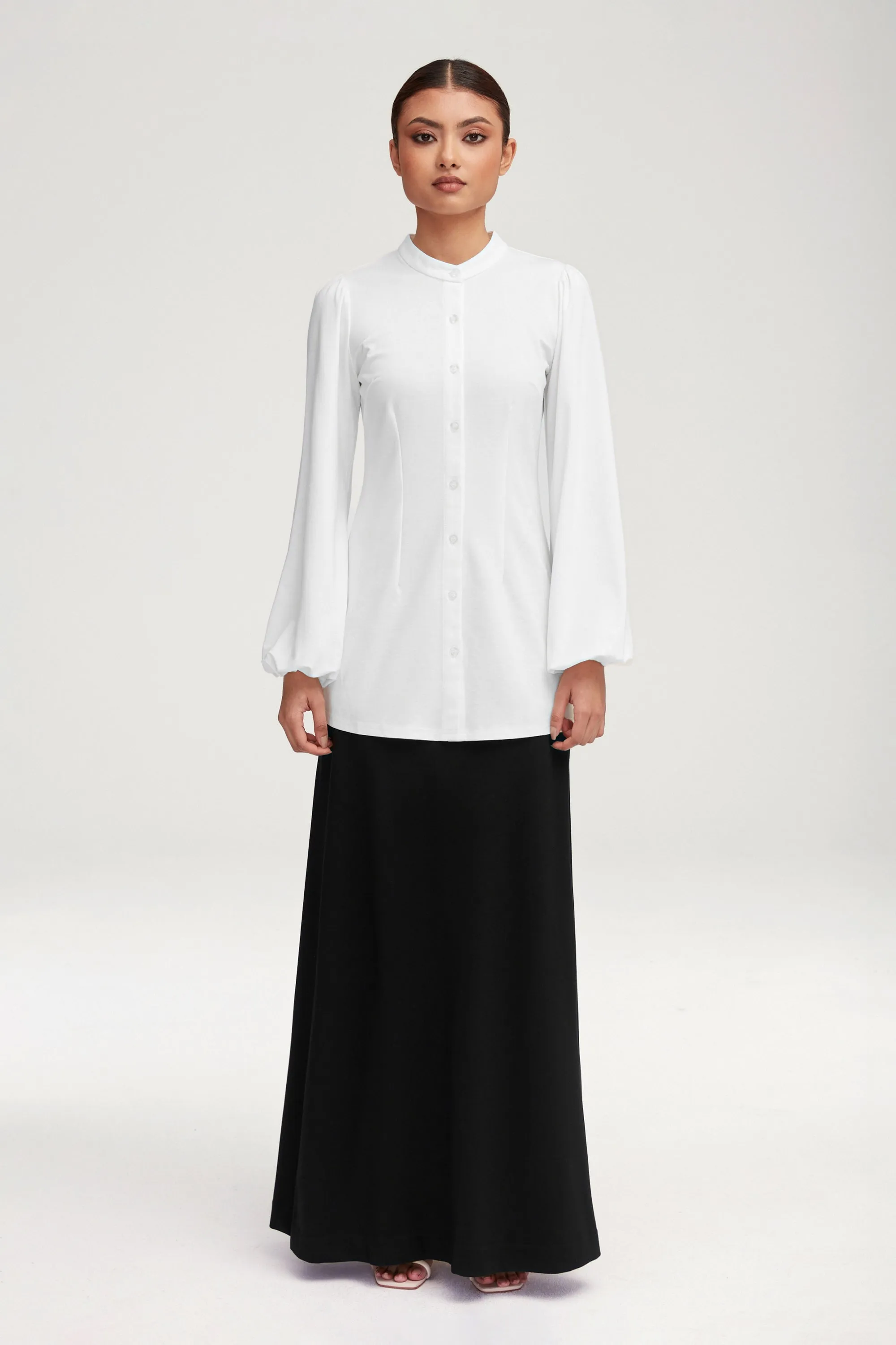 Rayana Jersey Button Down Top - White