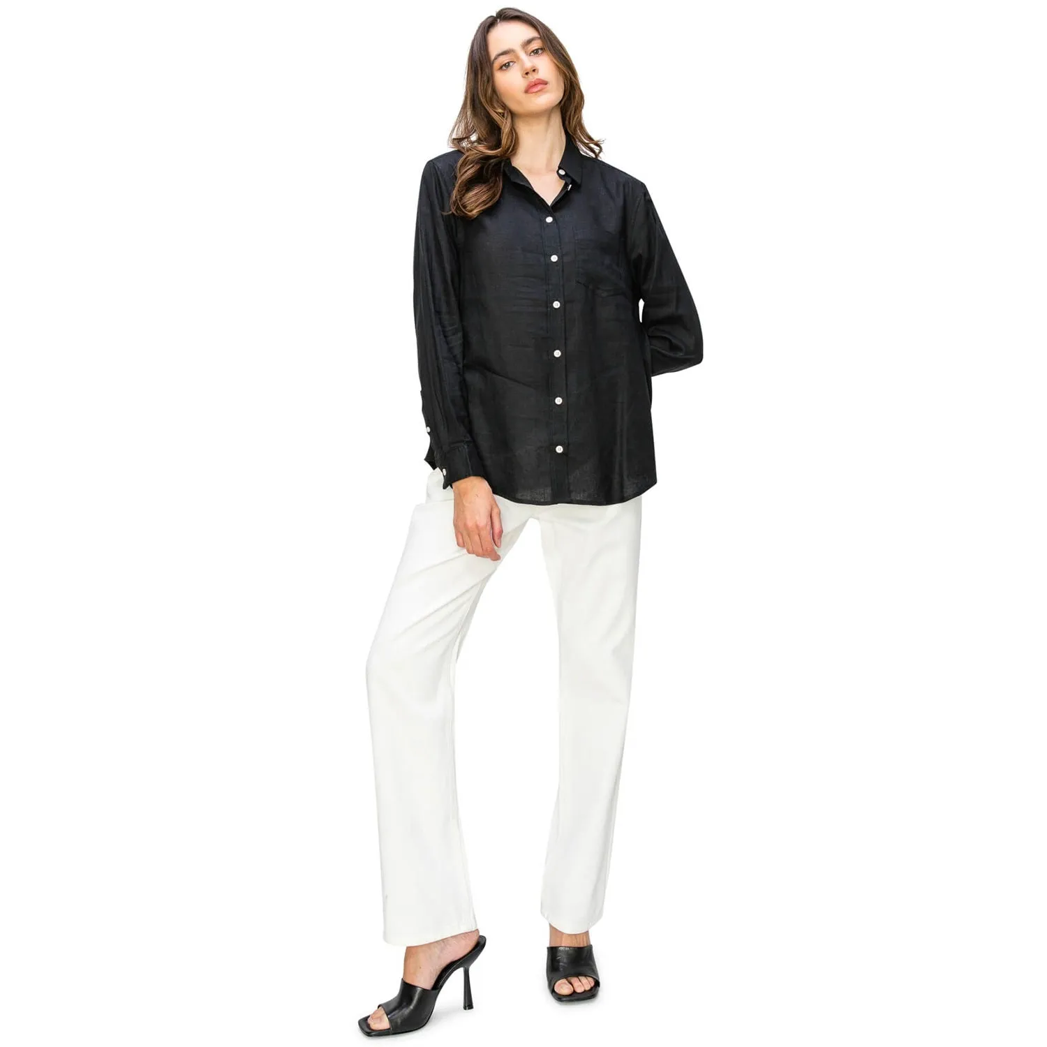 Relaxed Fit Linen Button-Down Shirts - Black