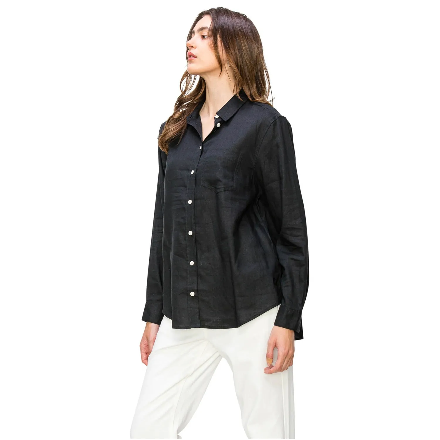 Relaxed Fit Linen Button-Down Shirts - Black