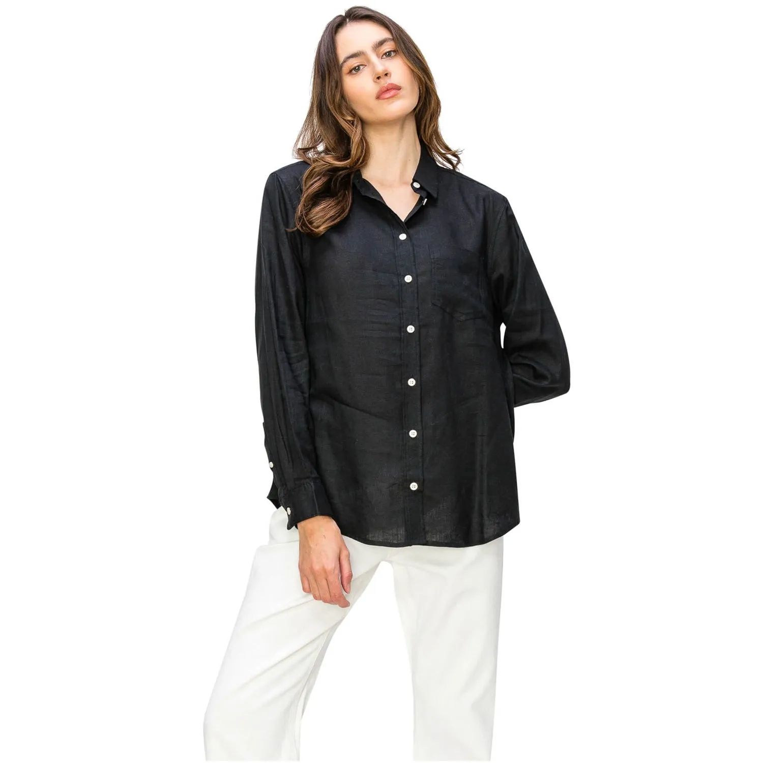 Relaxed Fit Linen Button-Down Shirts - Black