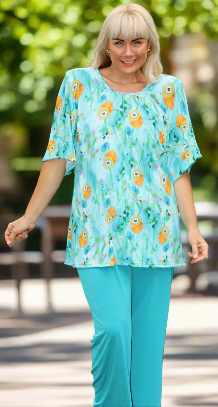 Rikki Round Neck Top Aqua Orange