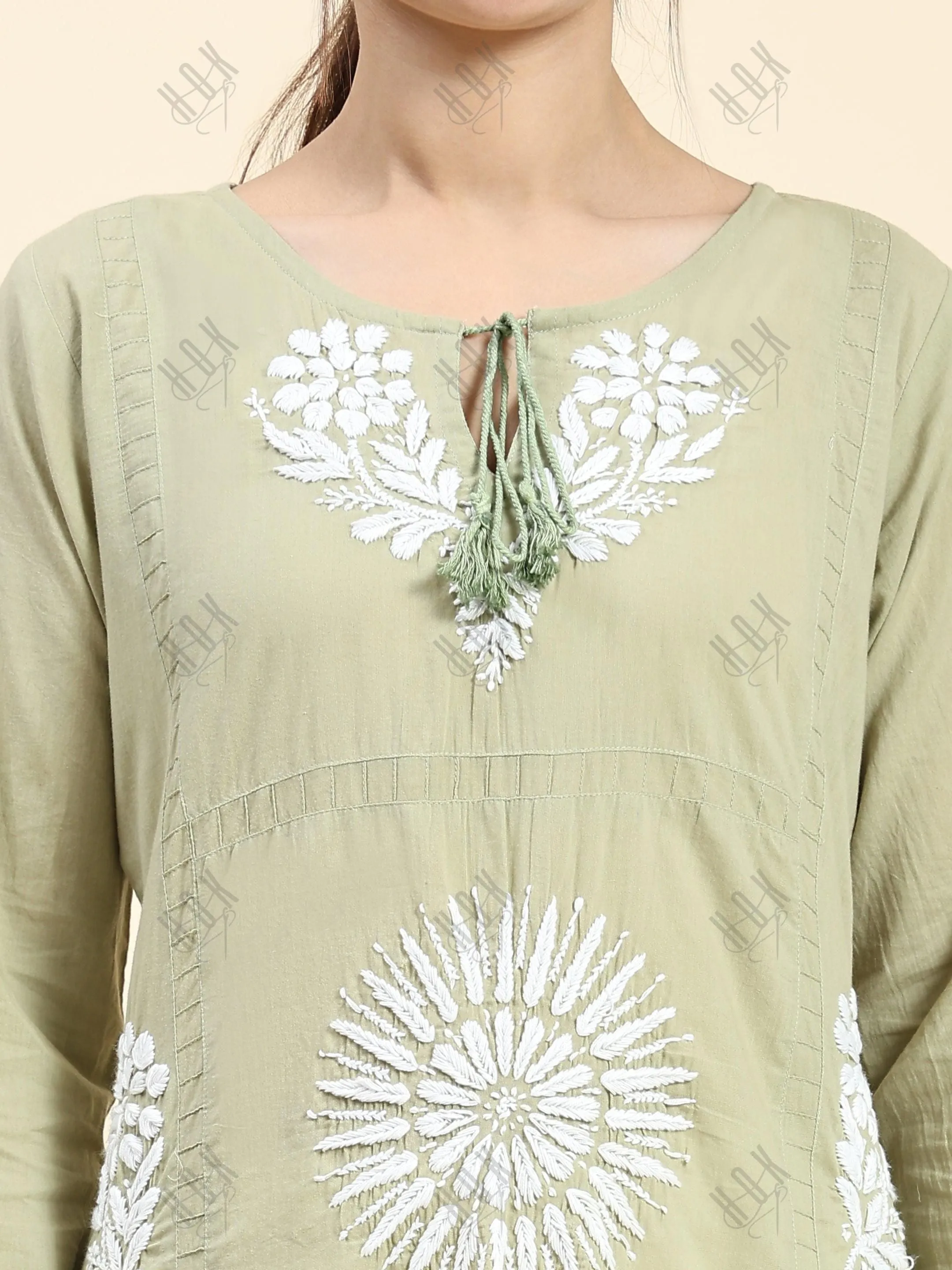 Samma Chikankari Long Kurti In Cotton for Women- Green