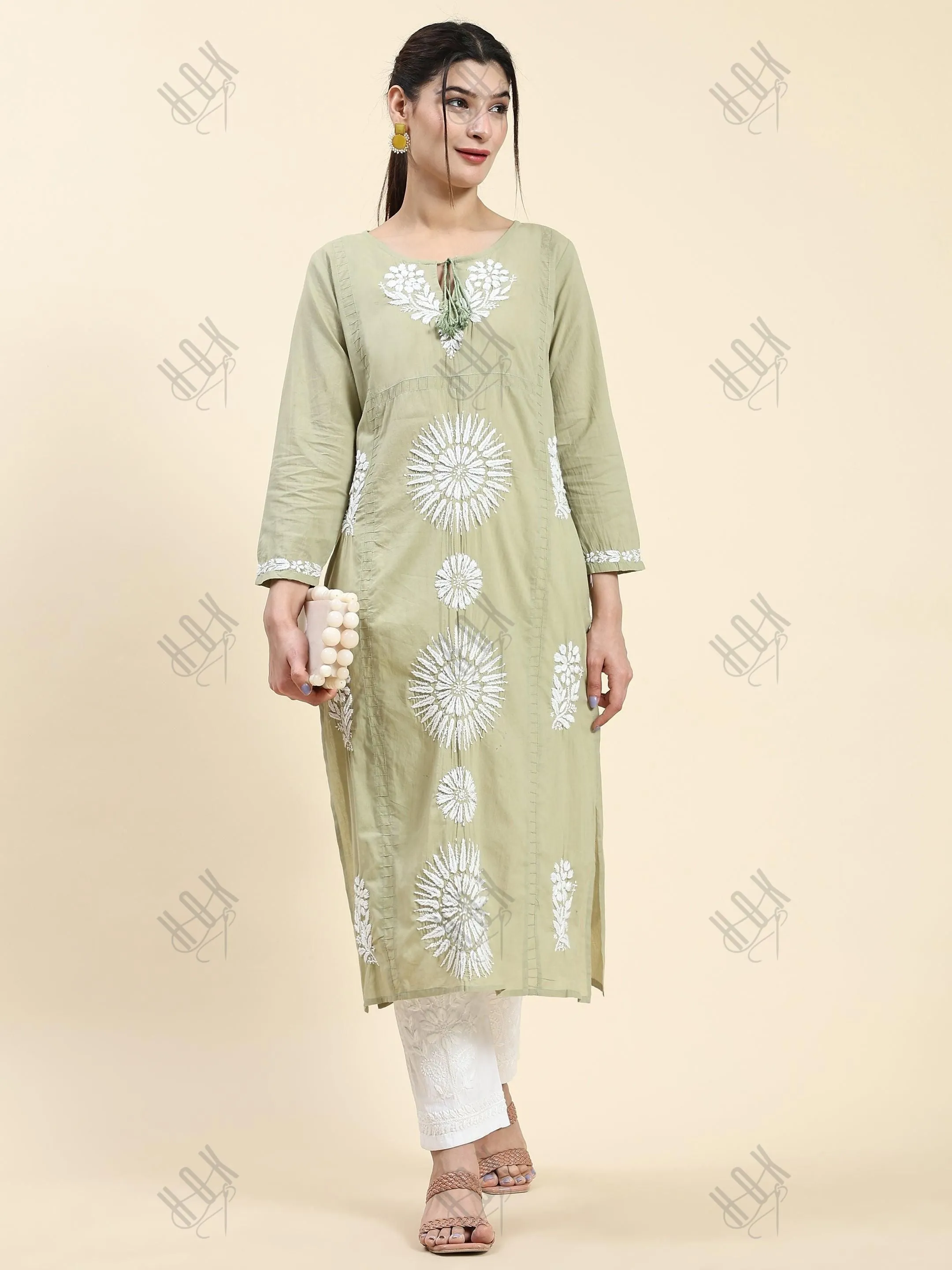 Samma Chikankari Long Kurti In Cotton for Women- Green