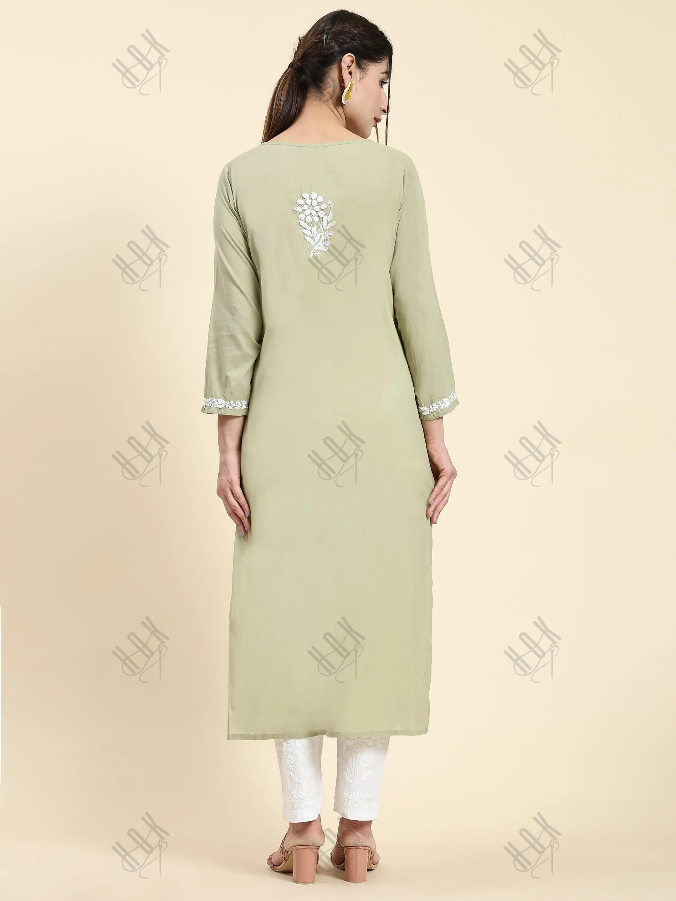 Samma Chikankari Long Kurti In Cotton for Women- Green