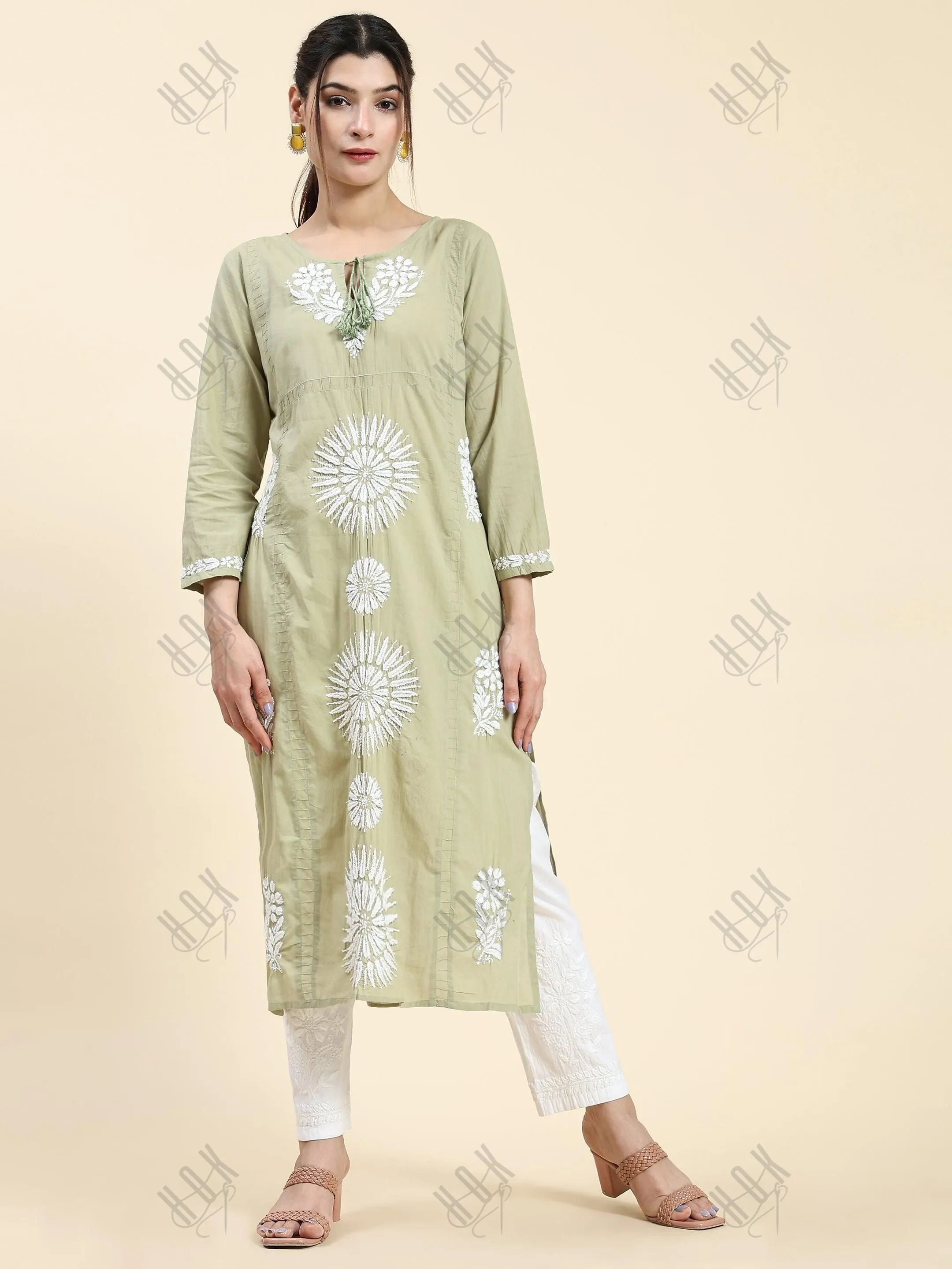 Samma Chikankari Long Kurti In Cotton for Women- Green