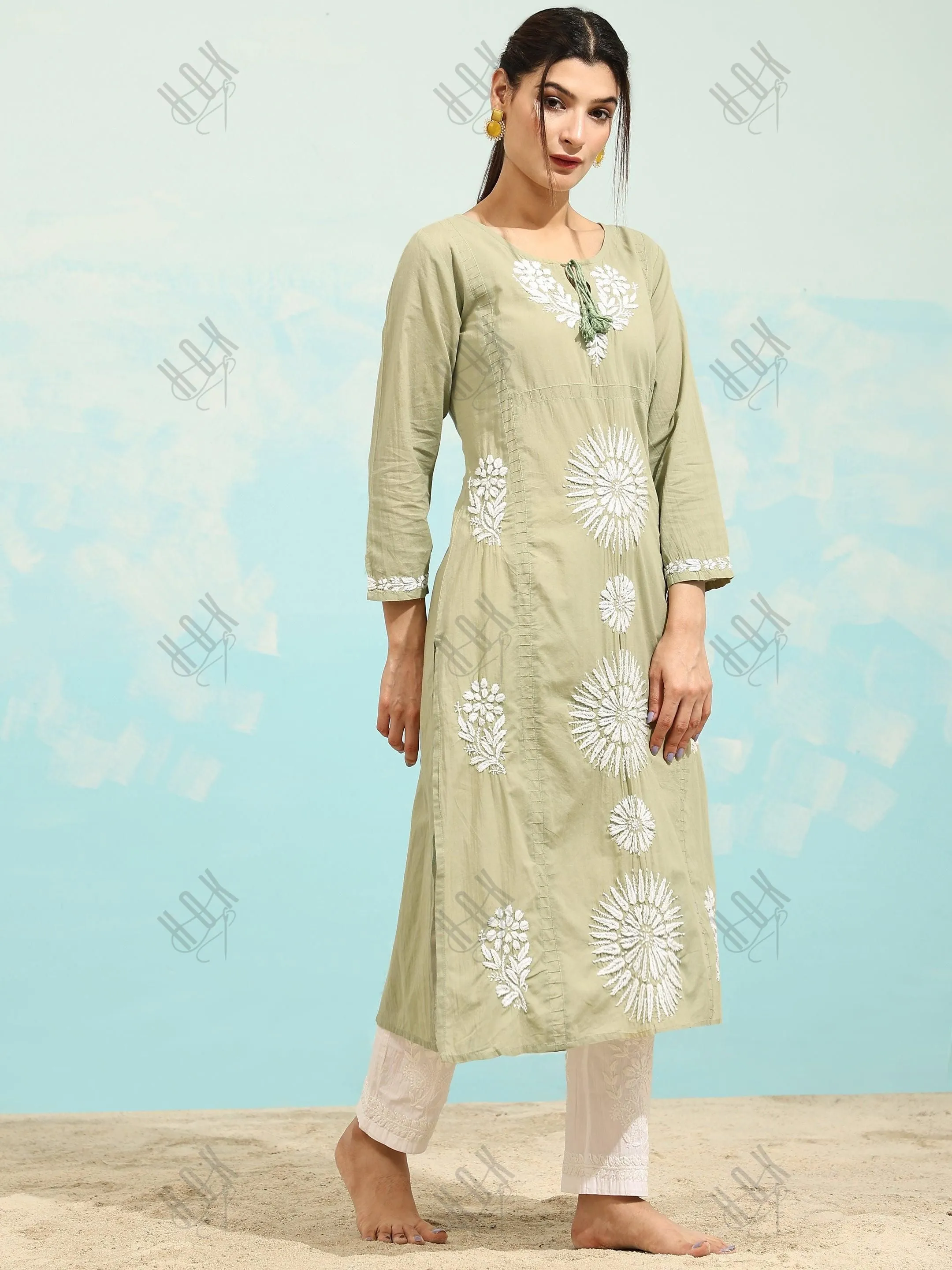 Samma Chikankari Long Kurti In Cotton for Women- Green