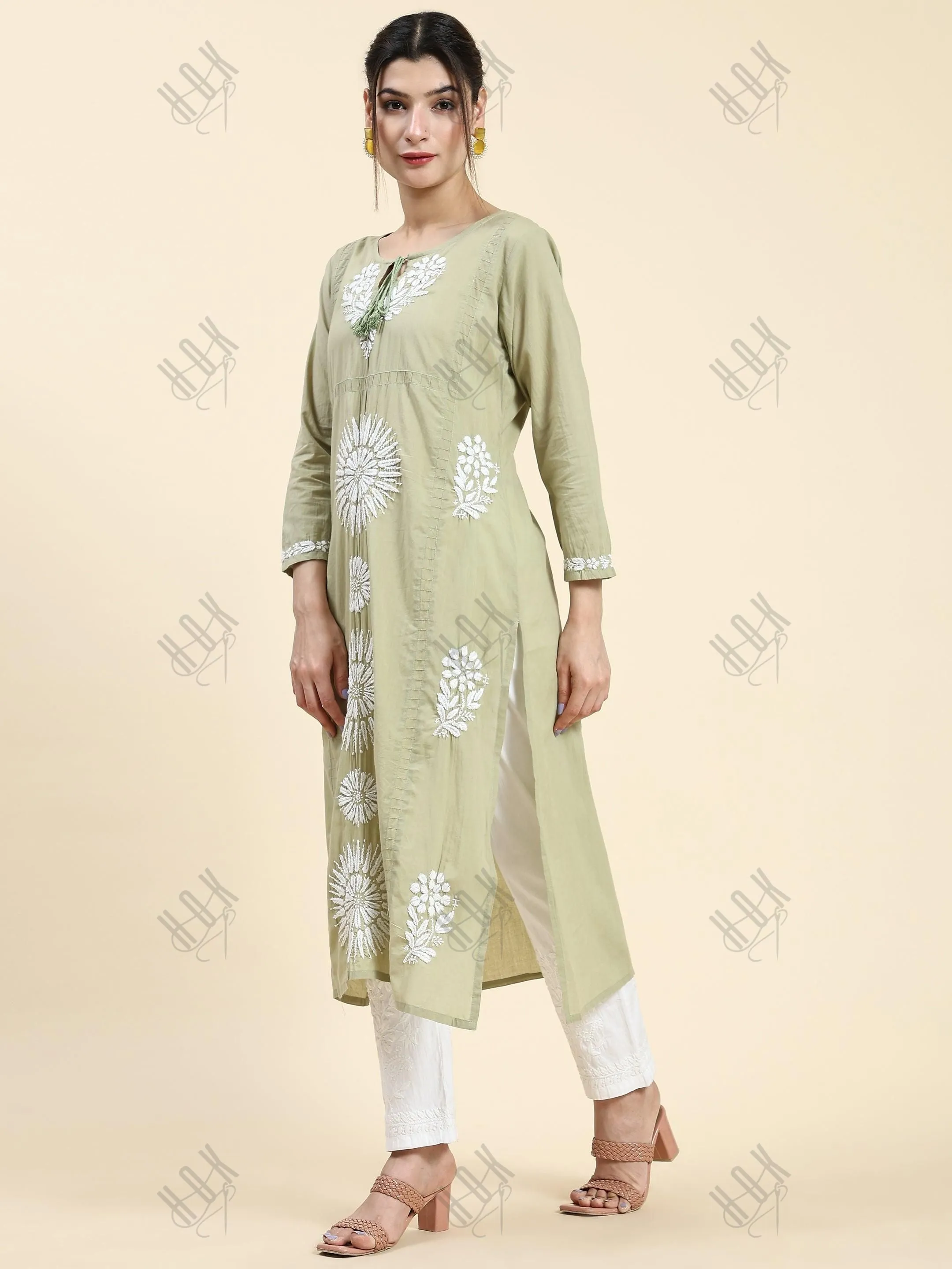 Samma Chikankari Long Kurti In Cotton for Women- Green