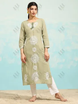 Samma Chikankari Long Kurti In Cotton for Women- Green