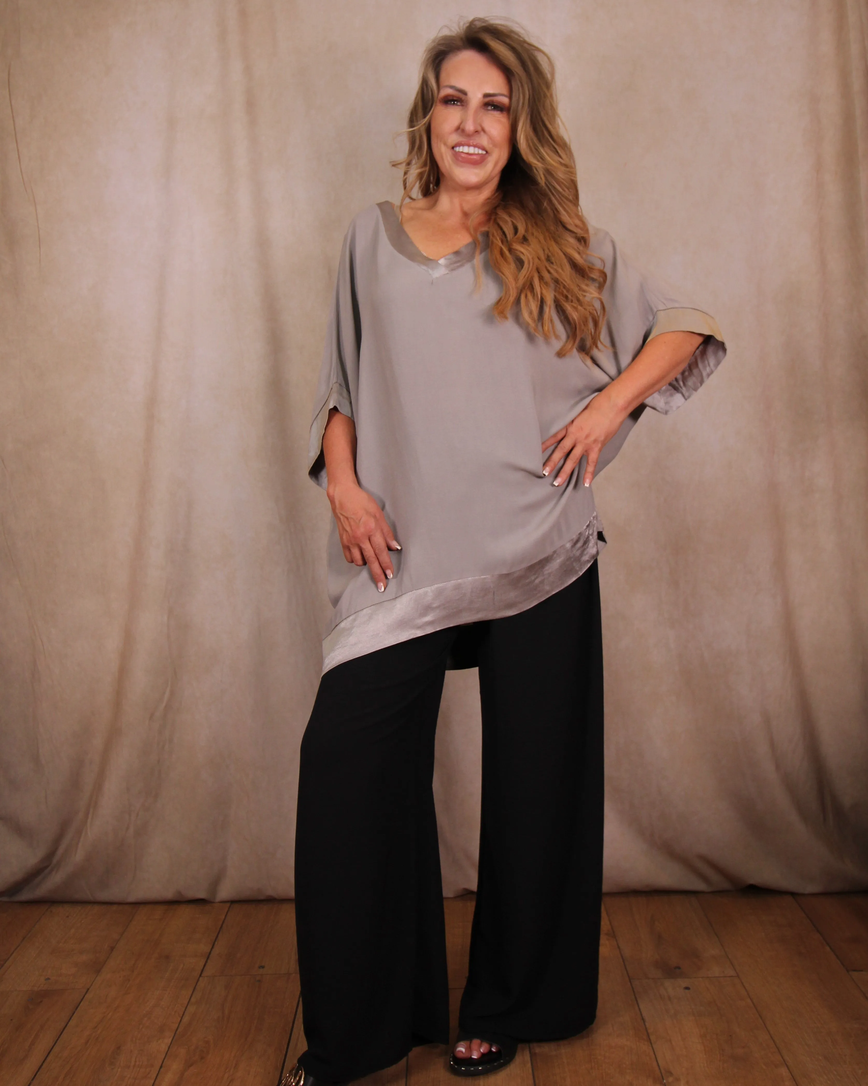 Satin V-Neck Solid Colour Top