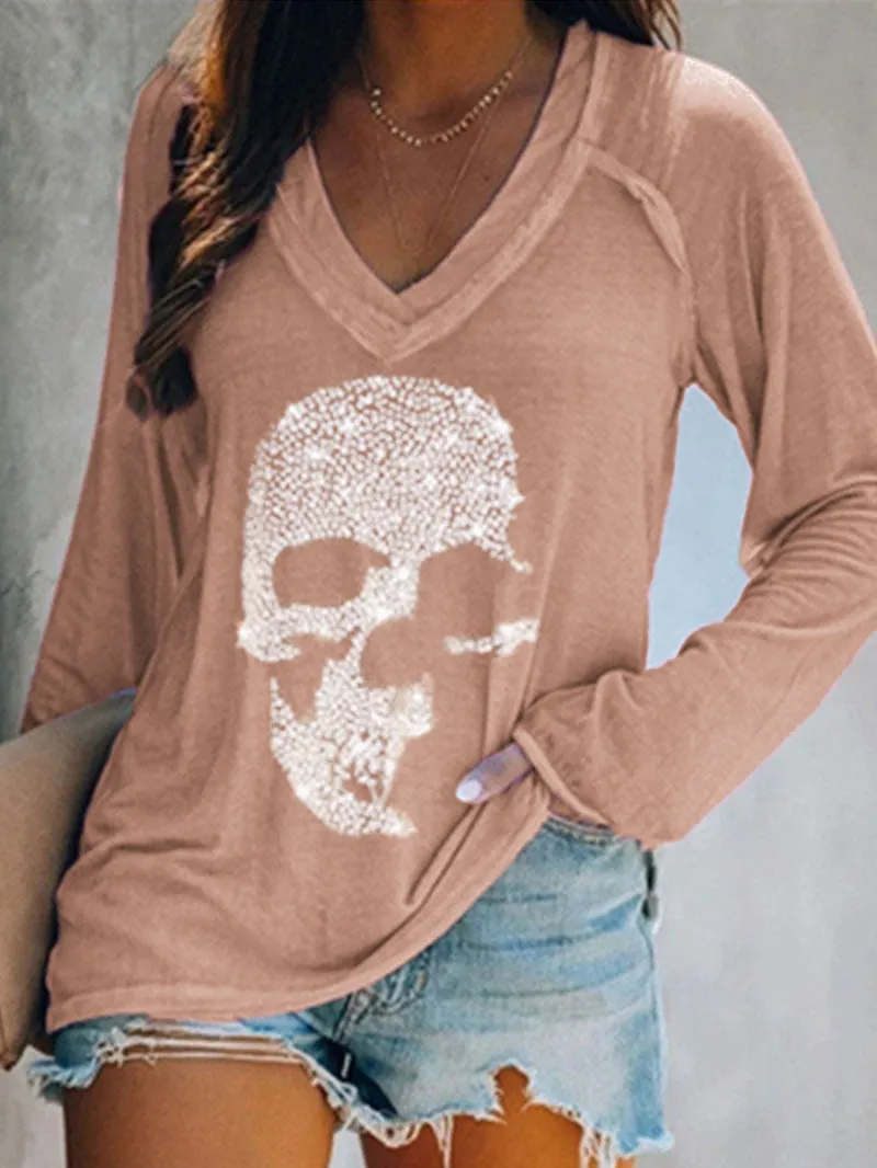 Skull Print Casual Long-sleeved V-neck T-shirt