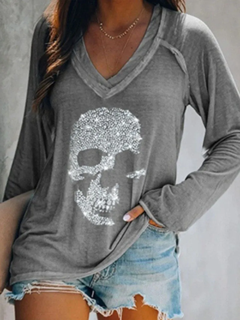 Skull Print Casual Long-sleeved V-neck T-shirt