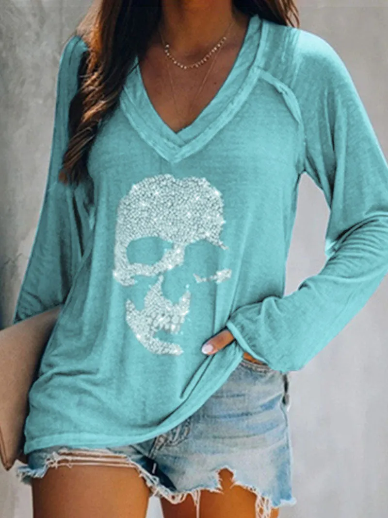 Skull Print Casual Long-sleeved V-neck T-shirt