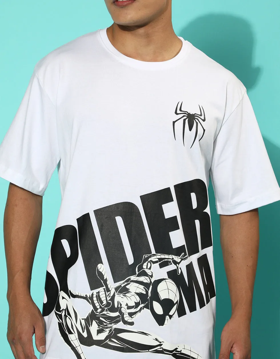 Spiderman White Oversized Front Placement Printed Tshirt