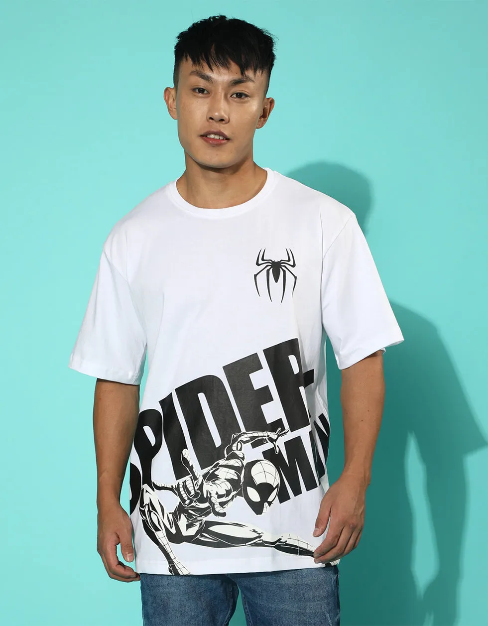 Spiderman White Oversized Front Placement Printed Tshirt