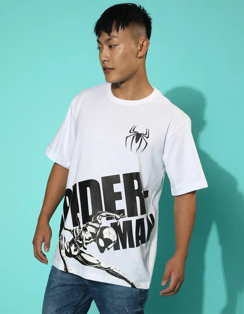 Spiderman White Oversized Front Placement Printed Tshirt