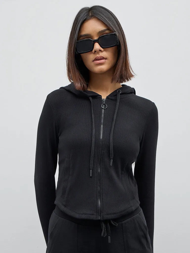 Studiofit Black Ribbed-Textured Cotton Blend Jacket