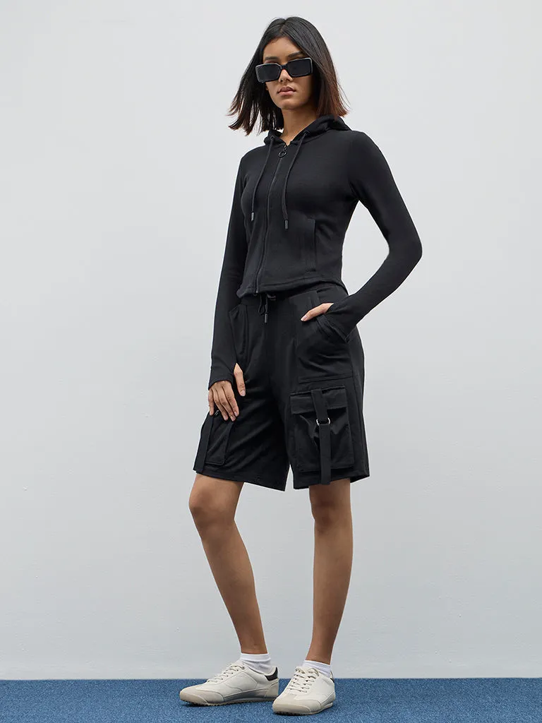 Studiofit Black Ribbed-Textured Cotton Blend Jacket