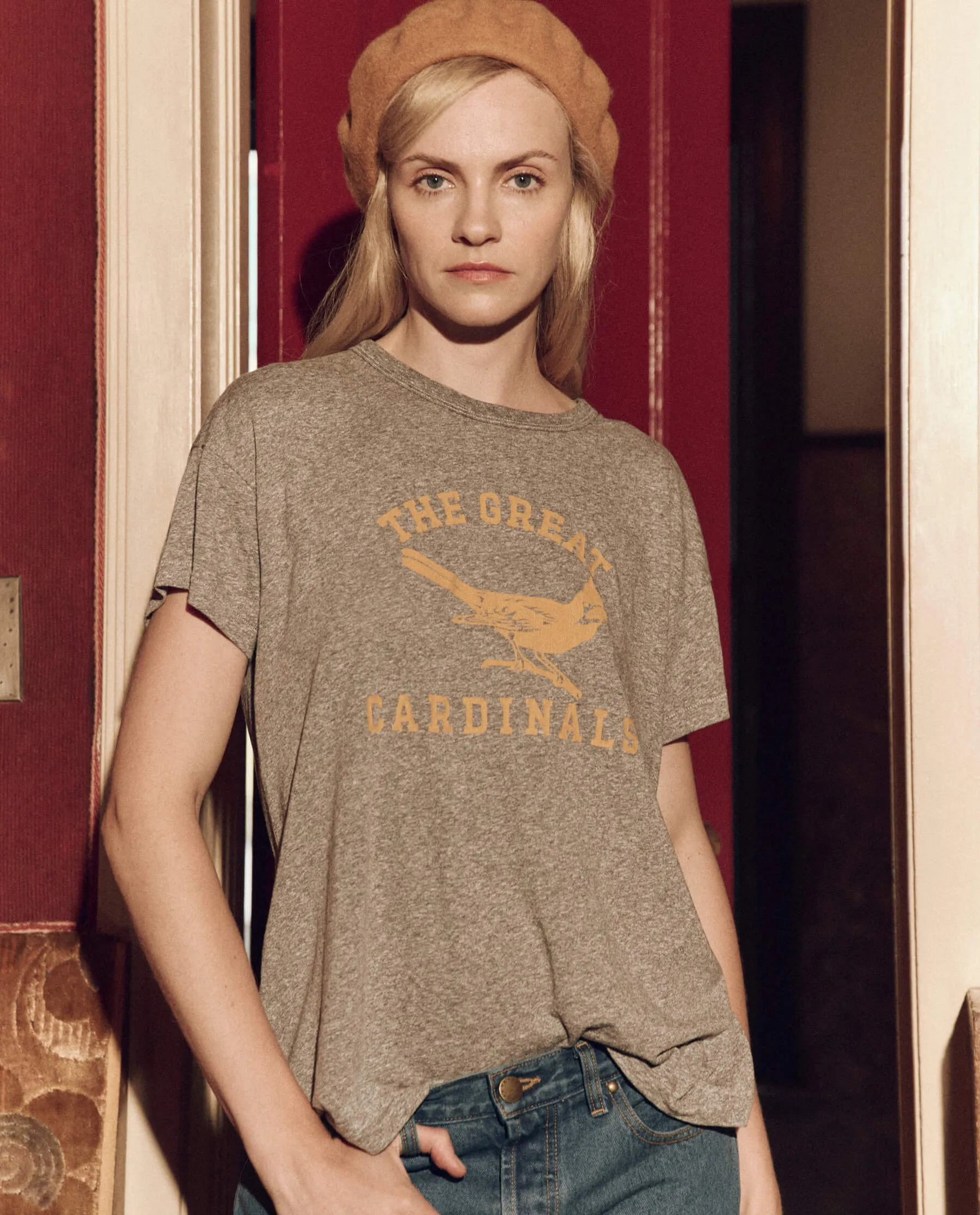 The Boxy Crew. Graphic -- Heather Grey with Perched Cardinal Graphic