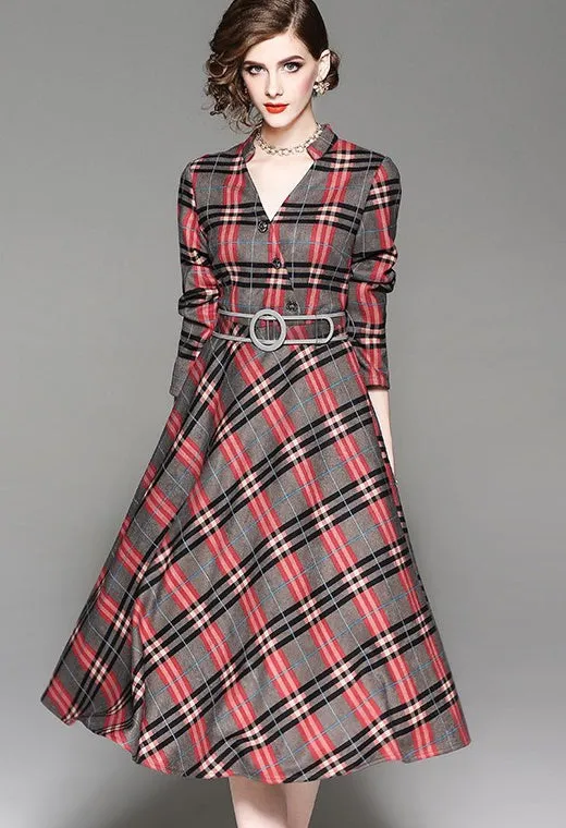 V Neck Plaid Dress