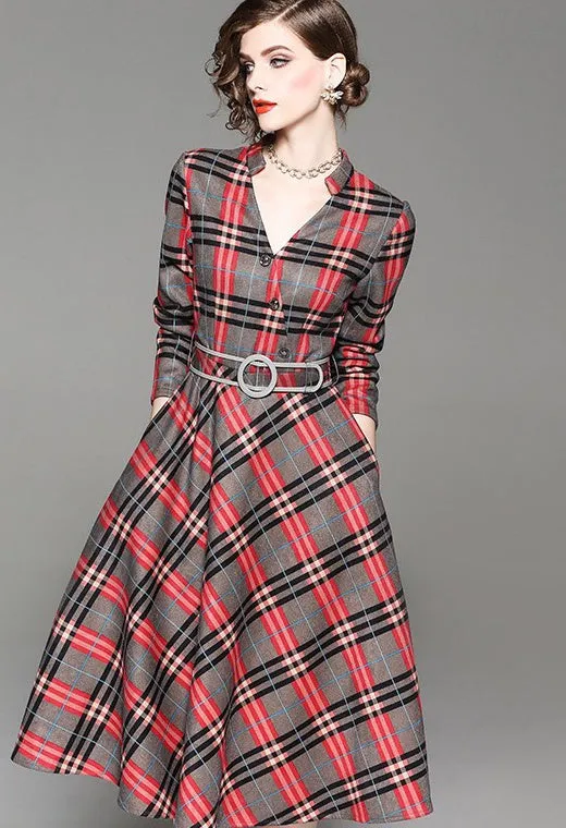 V Neck Plaid Dress