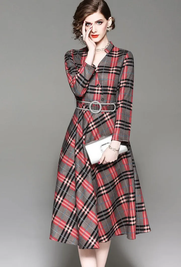 V Neck Plaid Dress